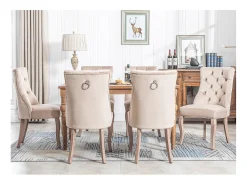 Juego de 4 sillas de comedor de terciopelo para cocina y salón, respaldo alto con botones y base de madera maciza, color beige (53 x 61 x 91 cm)