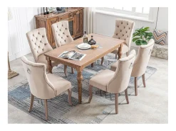 Juego de 4 sillas de comedor de terciopelo para cocina y salón, respaldo alto con botones y base de madera maciza, color beige (53 x 61 x 91 cm)
