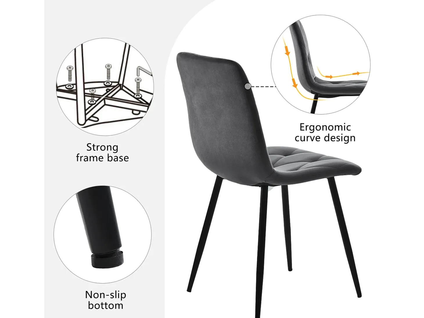 Juego de 4 sillas de comedor - sillas de salón con respaldo - asiento de terciopelo y patas de metal - gris