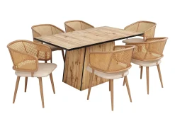 Juego de 6 sillas de comedor de polipiel con respaldo de ratán y patas de metal efecto madera – beige/marrón