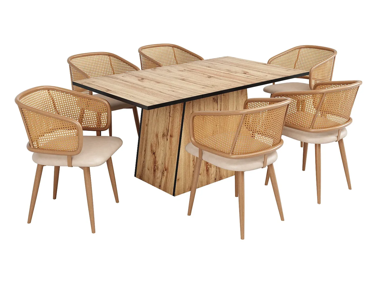 Juego de 6 sillas de comedor de polipiel con respaldo de ratán y patas de metal efecto madera – beige/marrón