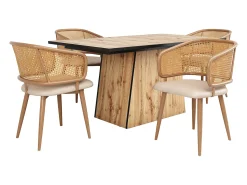 Juego de 6 sillas de comedor de polipiel con respaldo de ratán y patas de metal efecto madera – beige/marrón