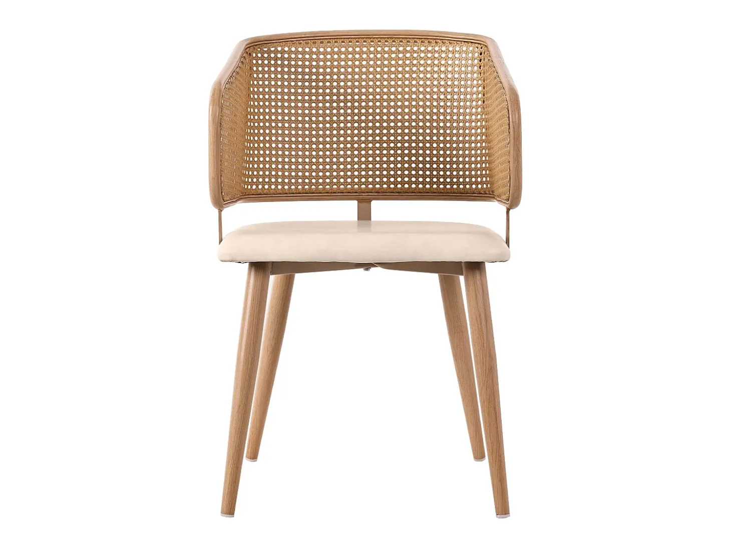 Juego de 6 sillas de comedor de polipiel con respaldo de ratán y patas de metal efecto madera – beige/marrón
