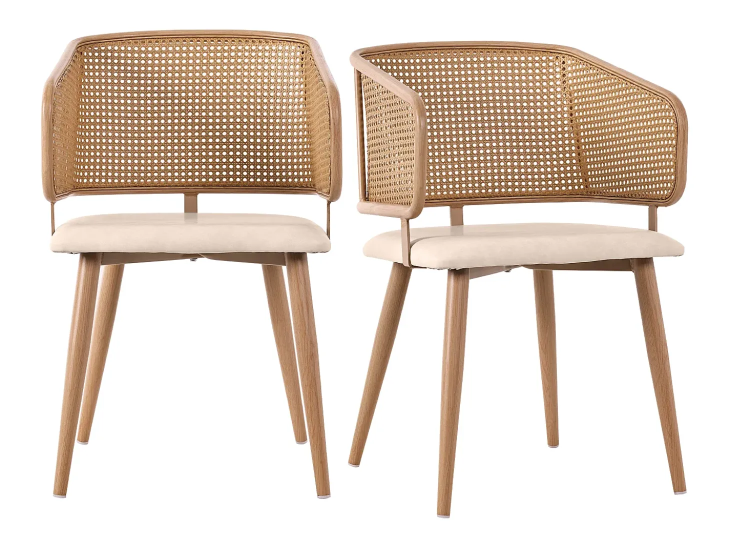 Juego de 6 sillas de comedor de polipiel con respaldo de ratán y patas de metal efecto madera – beige/marrón