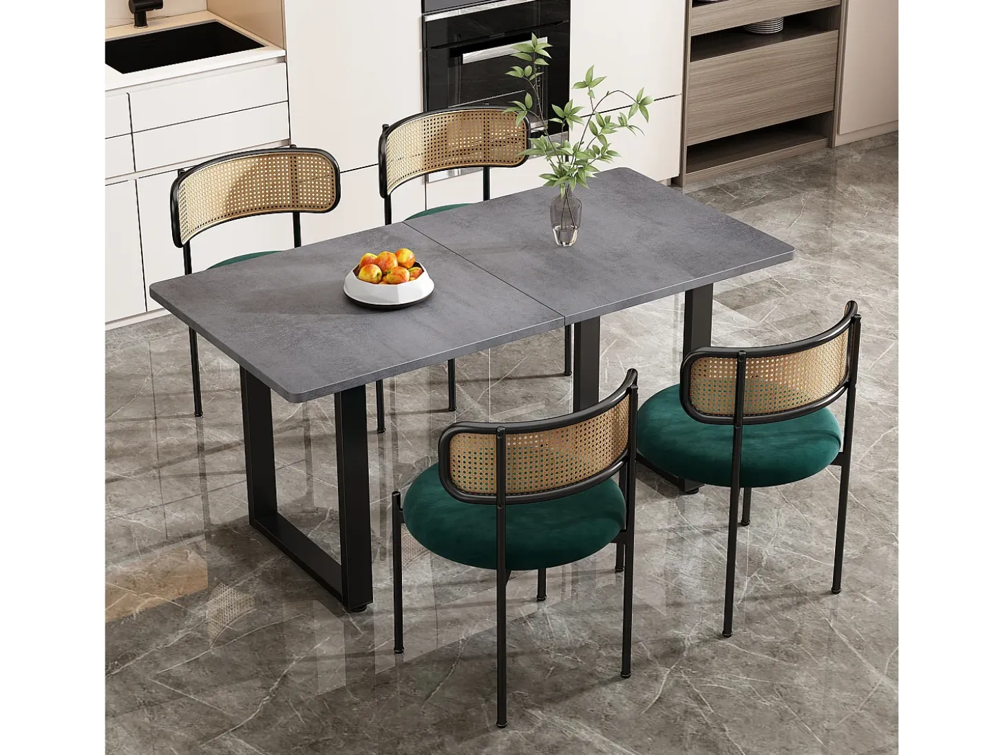 Juego de 6 sillas de comedor de terciopelo y ratán con patas de metal - Verde