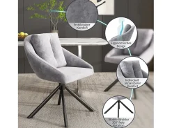 Juego de 2 sillas de comedor de terciopelo - 79 x 51,5 x 51,5 cm - Elegantes y cómodas sillas giratorias - con cojines - Gris