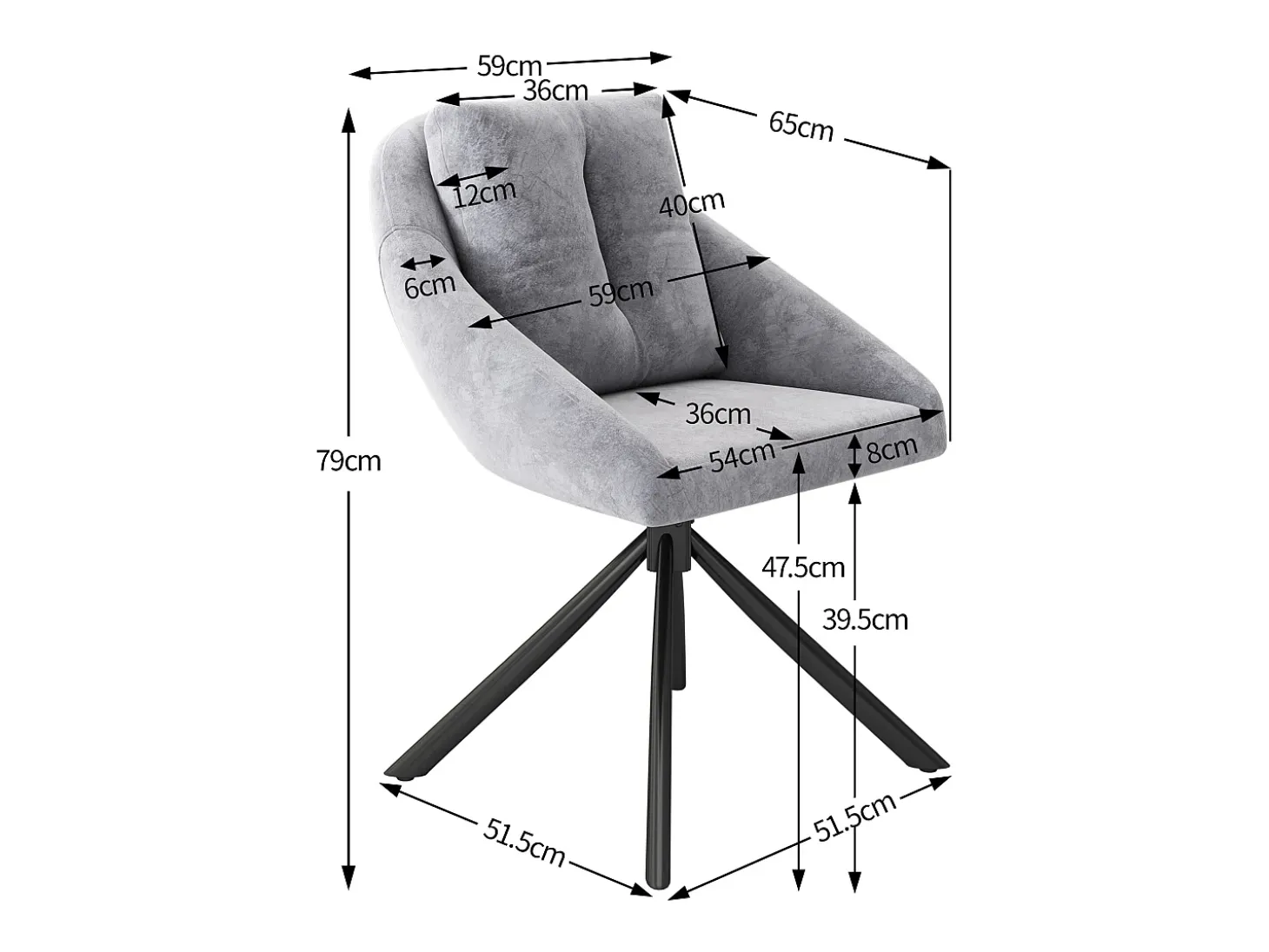 Juego de 2 sillas de comedor de terciopelo - 79 x 51,5 x 51,5 cm - Elegantes y cómodas sillas giratorias - con cojines - Gris