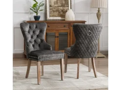 Juego de 2 sillas de comedor, silla decorativa de terciopelo tapizada con borde de tachuelas y patas de madera maciza, color gris.