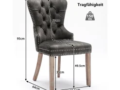 Juego de 2 sillas de comedor, silla decorativa de terciopelo tapizada con borde de tachuelas y patas de madera maciza, color gris.