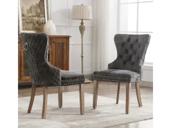 Juego de 2 sillas de comedor, silla decorativa de terciopelo tapizada con borde de tachuelas y patas de madera maciza, color gris.