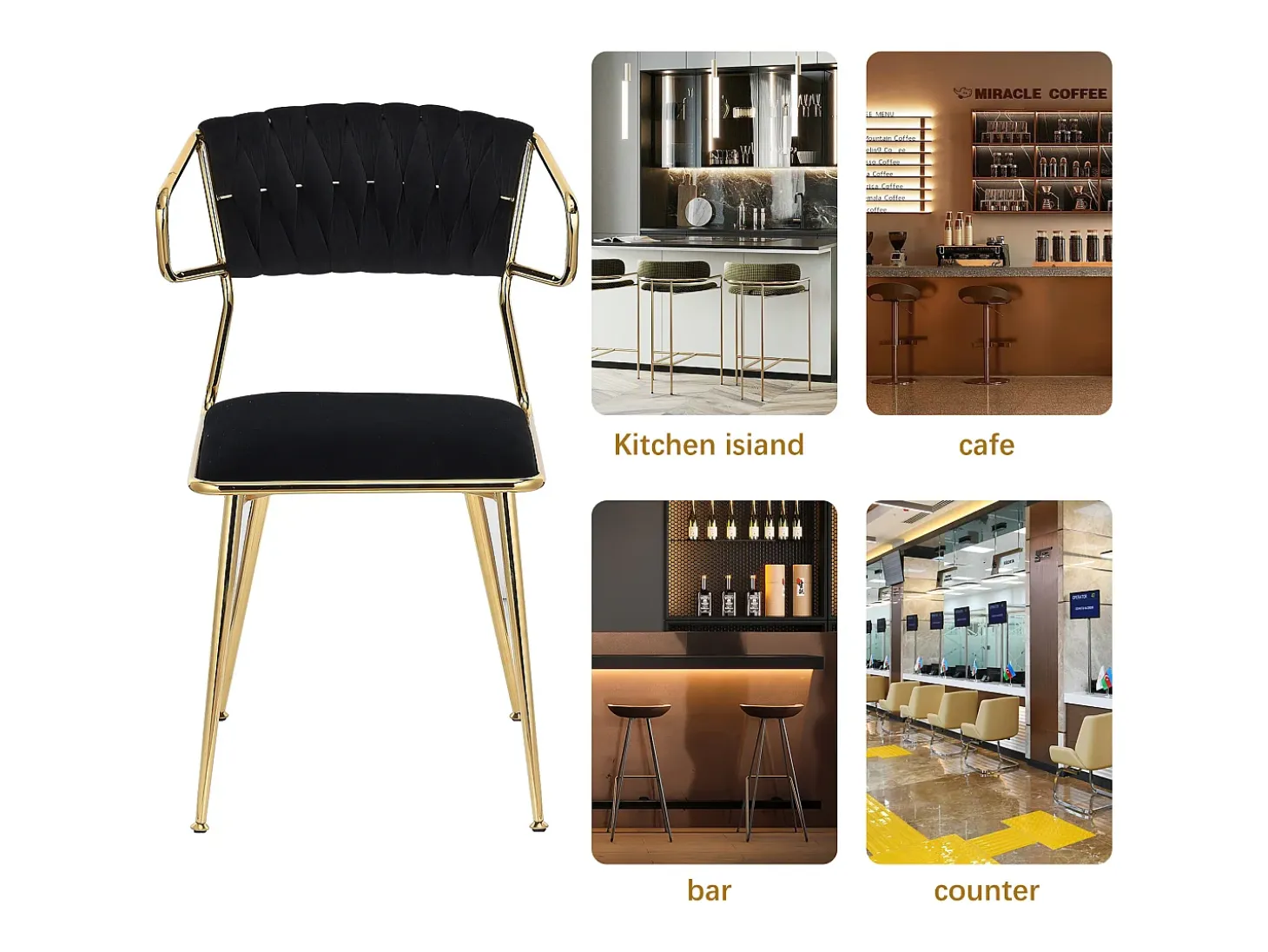 Juego de 2 sillas de comedor - Sillones con respaldo y estructura de metal - Terciopelo - Negro