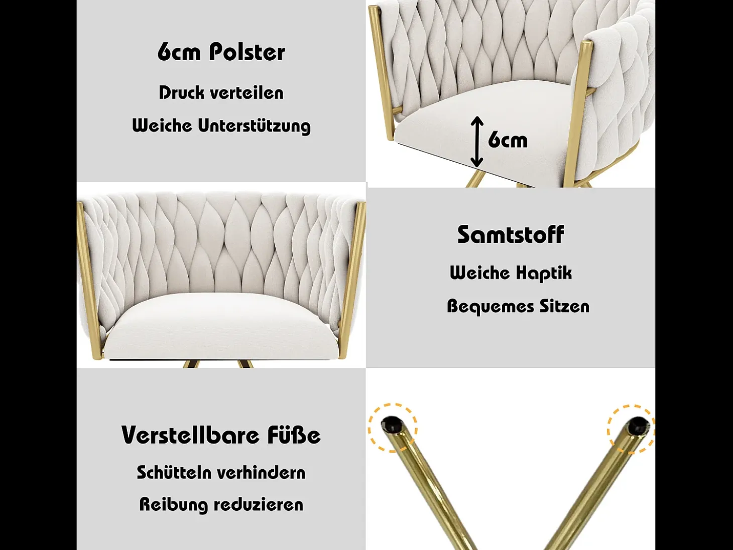 Juego de 4 sillas de comedor giratorias con reposabrazos - 59 x 54 x 72 cm - Terciopelo - Beige + Oro