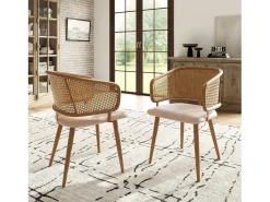 Juego de 6 sillas de comedor con respaldo de ratán - Patas de metal y cojín de piel sintética - Con reposabrazos - Beige