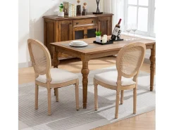 Juego de 2 sillas de comedor – Estructura de madera maciza – Asientos de lino – Beige