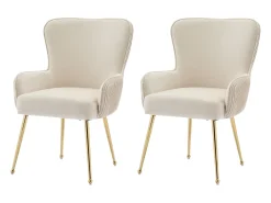 Juego de 2 sillas de comedor de terciopelo - con reposabrazos y patas de metal dorado - beige