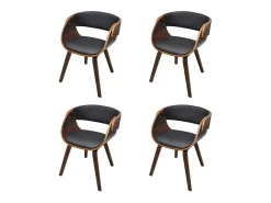Juego de 4 sillas de comedor de madera curvada marrón y piel sintética.