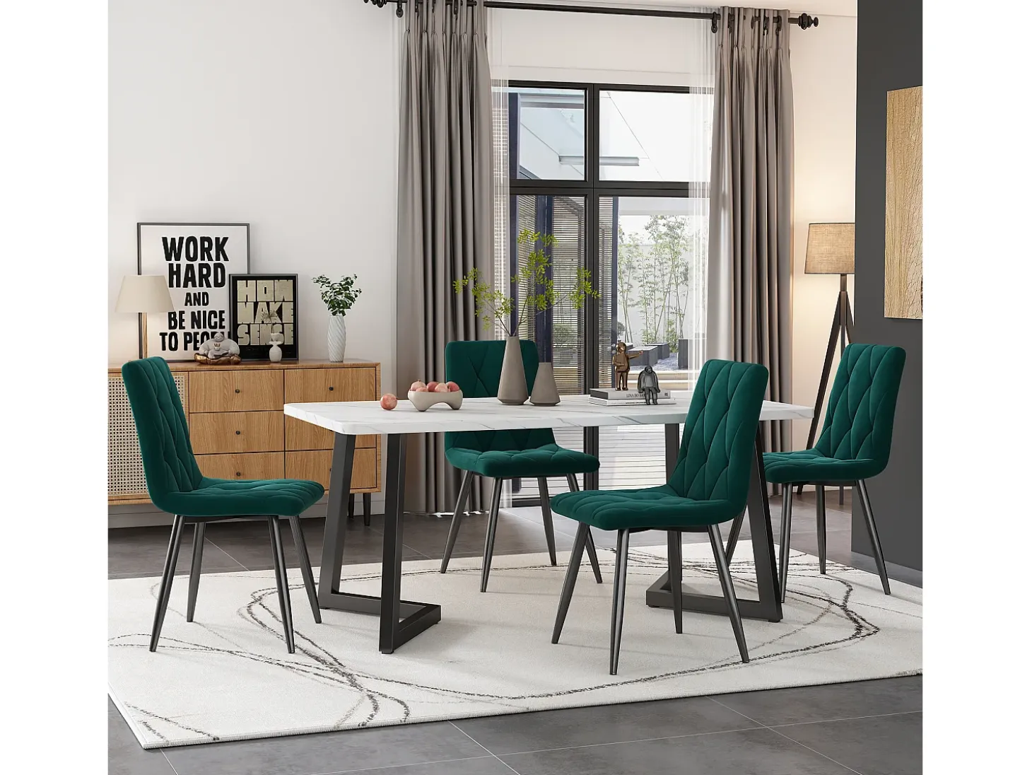 Juego de 4 sillas de comedor de diseño, terciopelo sarga, respaldo alto, estructura de metal, patas de metal, verde oscuro (45 x 40 x 86 cm)