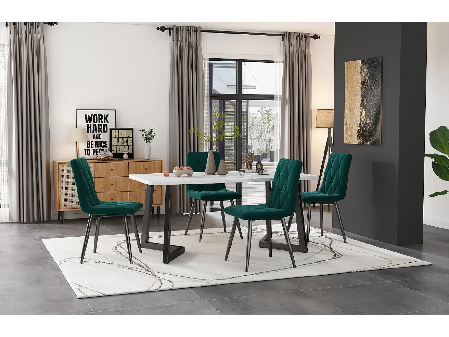 Juego de 4 sillas de comedor de diseño, terciopelo sarga, respaldo alto, estructura de metal, patas de metal, verde oscuro (45 x 40 x 86 cm)
