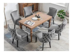 Juego de 6 sillas de comedor, terciopelo gris, con costuras de botones, estructura de madera maciza