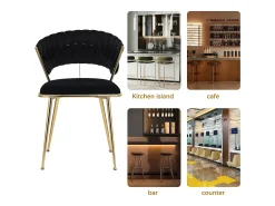 Juego de 2 sillas de comedor, sillas de comedor de terciopelo bañadas en oro, diseño ergonómico, color negro