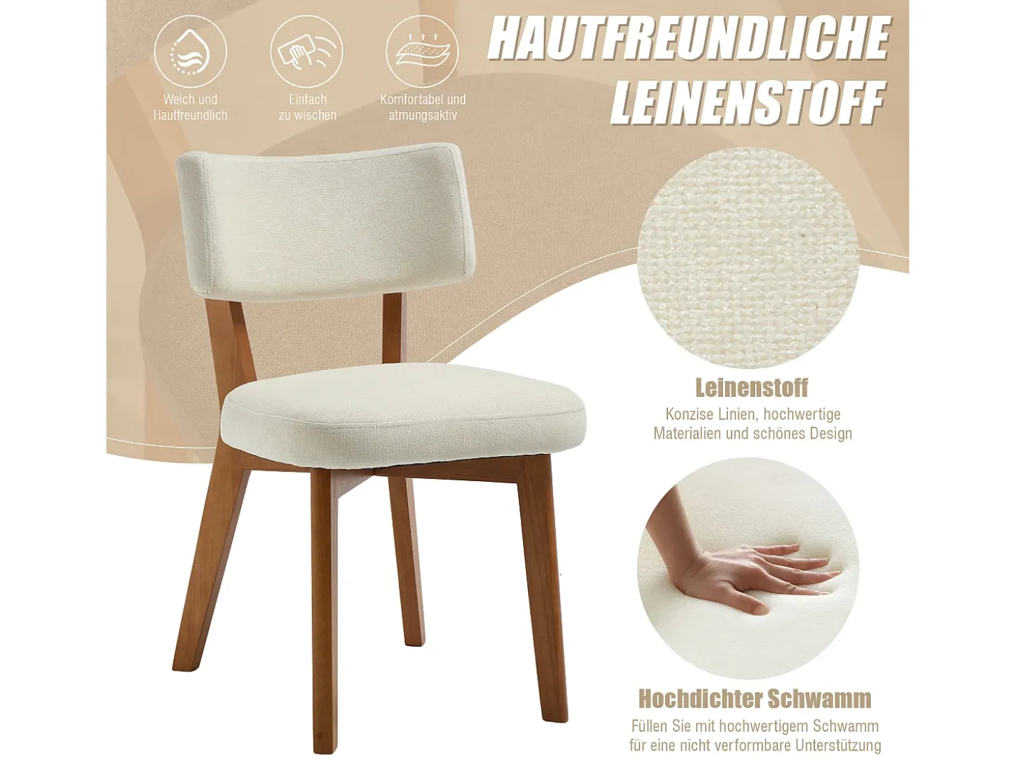 Juego de 2 sillas de madera - cojín beige - elegantes y cómodas - perfectas para comedor o cocina