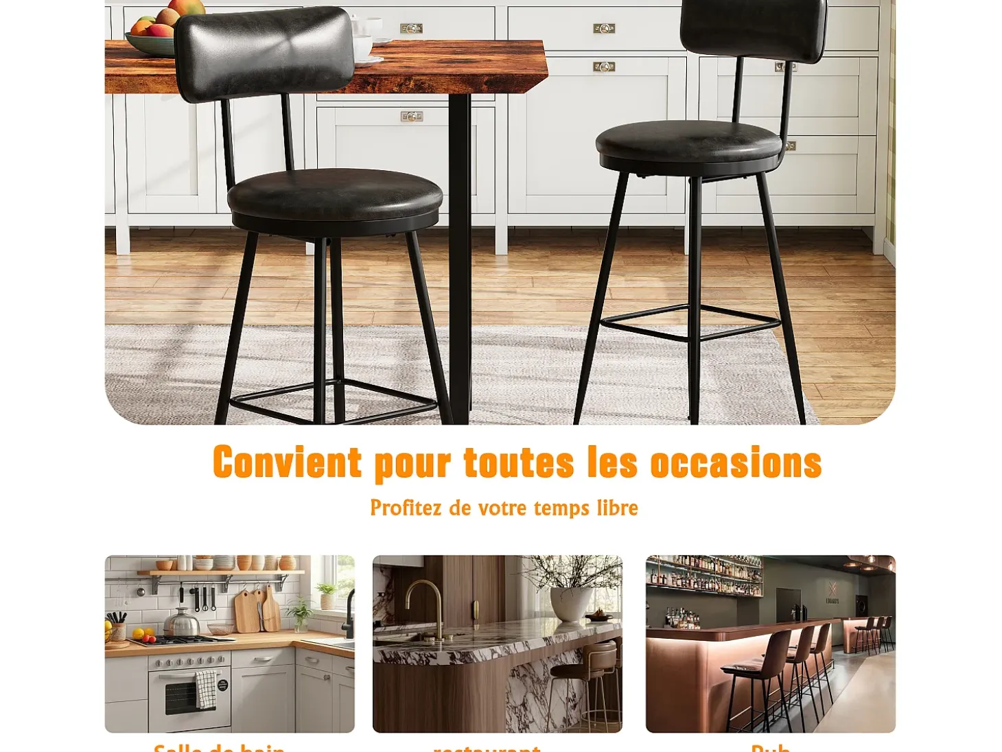 Juego de 2 sillas de mostrador de piel sintética negra, altura 65 cm, para cocina
