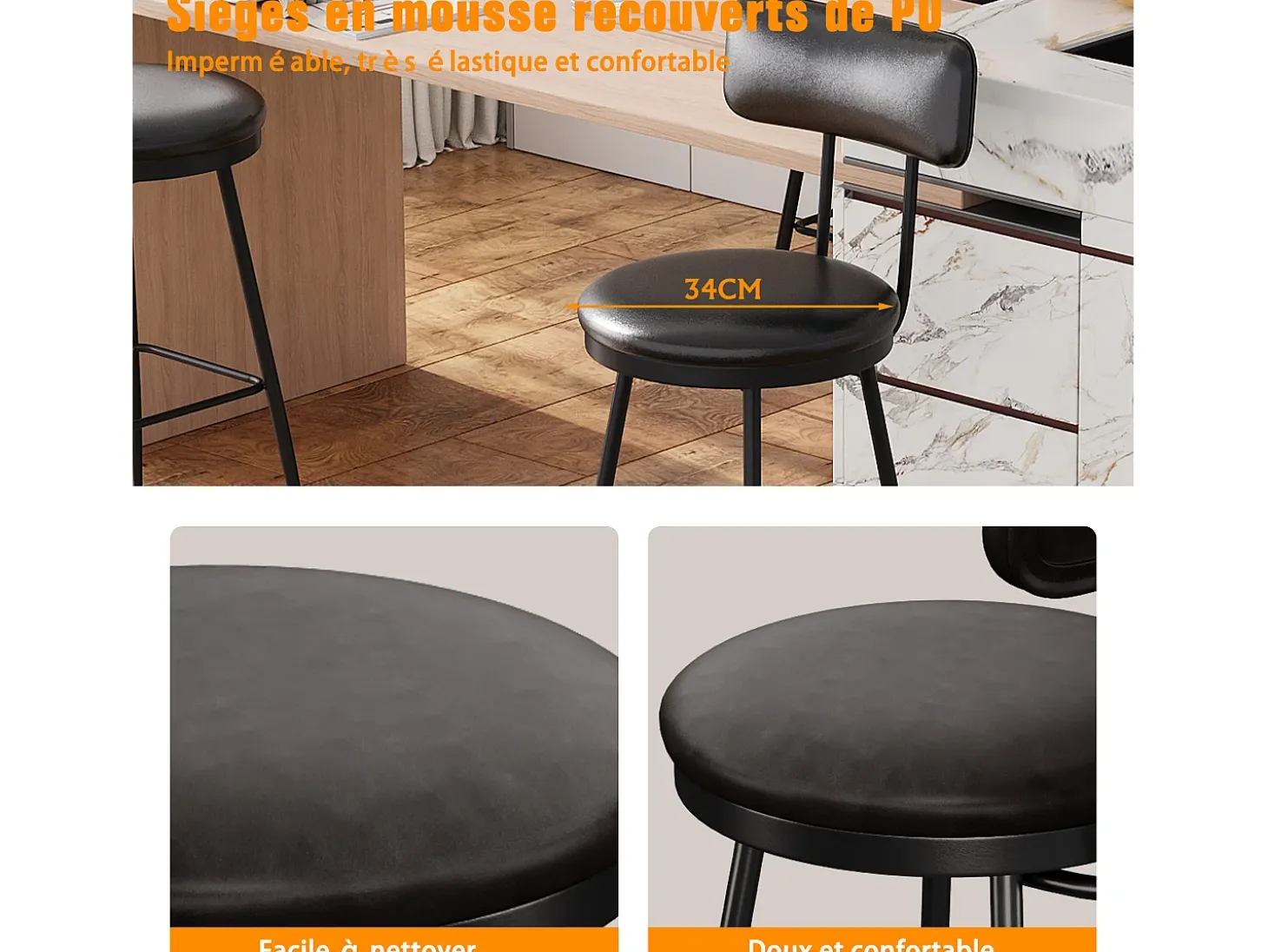 Juego de 2 sillas de mostrador de piel sintética negra, altura 65 cm, para cocina
