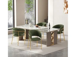 Juego de 4 sillas de pana verde, estructura de hierro dorado