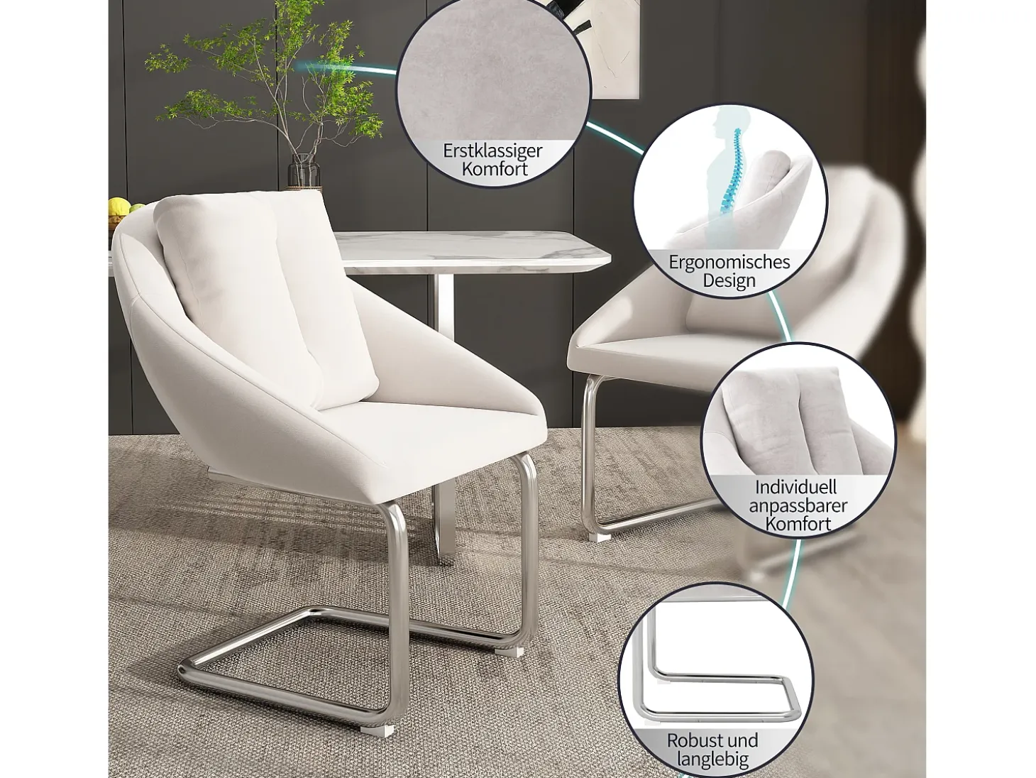 Juego de 2 sillas de terciopelo - 82 x 57 x 54 cm - con cojines - Silla giratoria de lujo para salón y dormitorio - Patas arqueadas - Beige