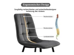 Juego de 4 sillas de terciopelo - Diseño ergonómico, estructura de metal, patas de metal, color gris