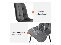 Juego de 4 sillas de terciopelo - Diseño ergonómico, estructura de metal, patas de metal, color gris