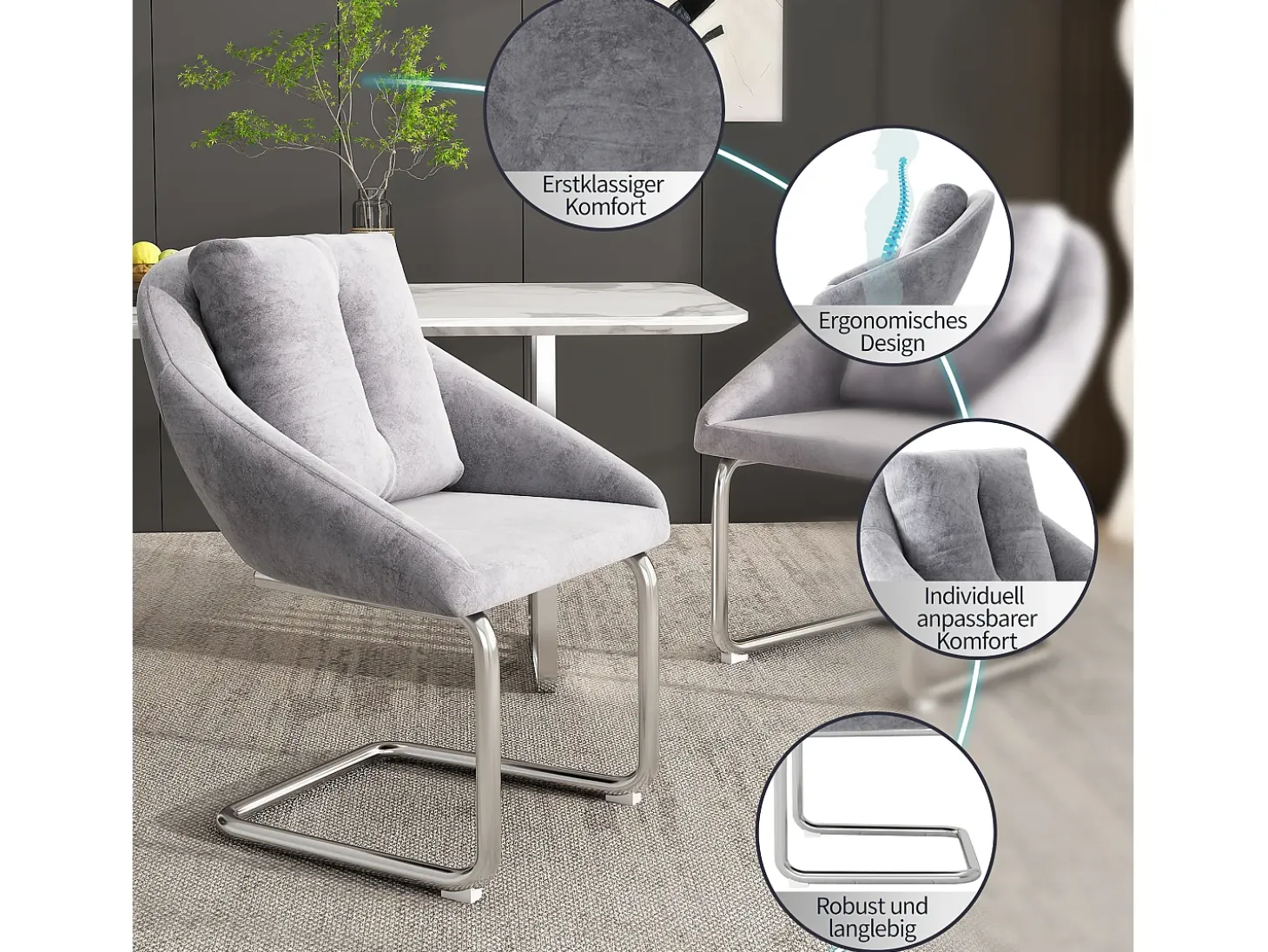 Juego de 2 sillas de terciopelo - 82 x 57 x 54 cm - con cojines - Silla giratoria de lujo para salón y dormitorio - Patas arqueadas - Gris