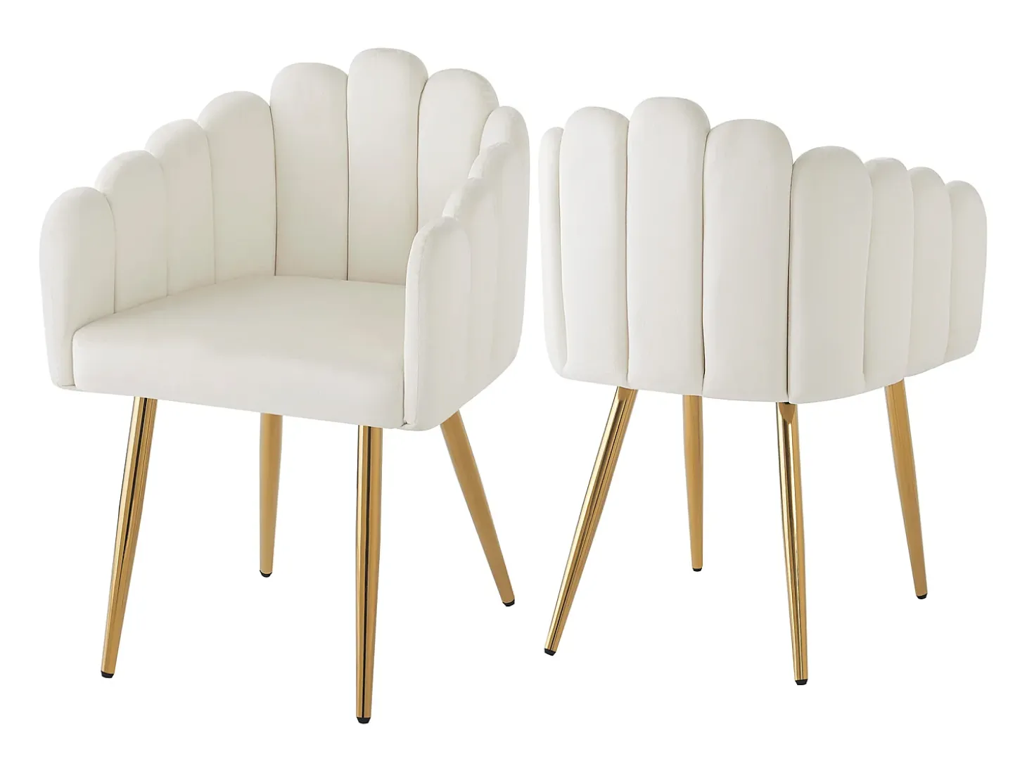 Juego de 6 sillas de terciopelo - Respaldo en forma de abanico - Estructura de hierro bañado en oro - Blanco y dorado
