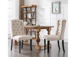 Juego de 6 sillas de terciopelo con patas de roble – beige