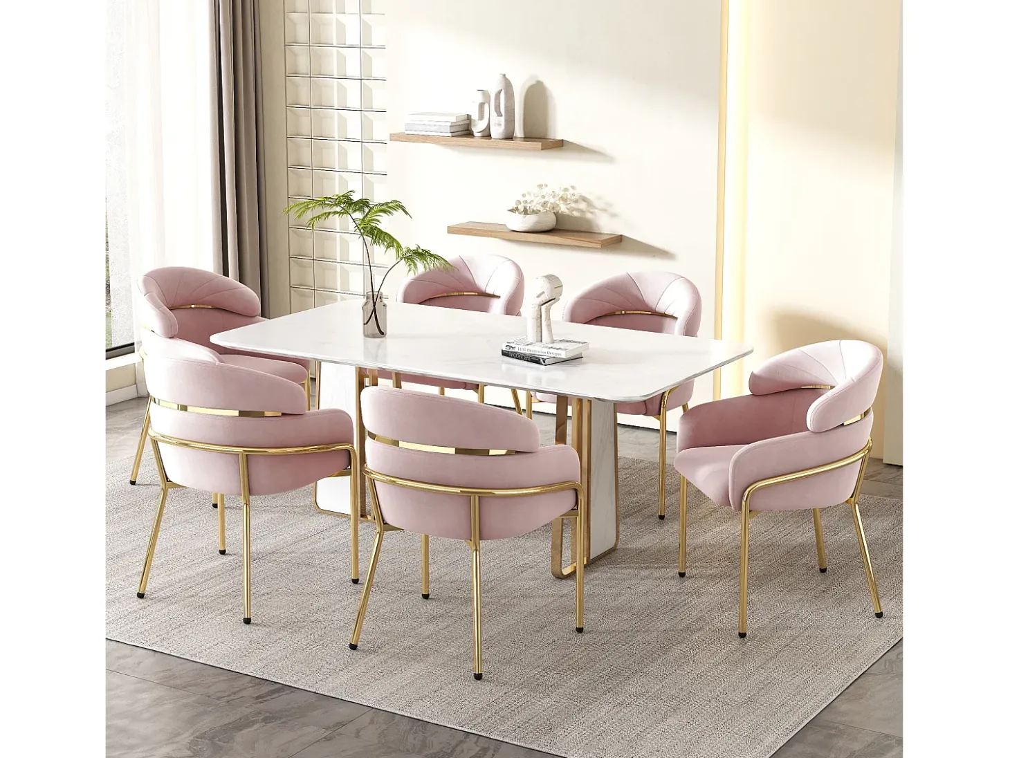 Juego de 6 sillas de terciopelo rosa - Patas de metal - Para salón, dormitorio, comedor