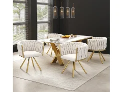 Juego de 6 sillas de terciopelo, base de metal, respaldo ergonómico giratorio, beige y dorado