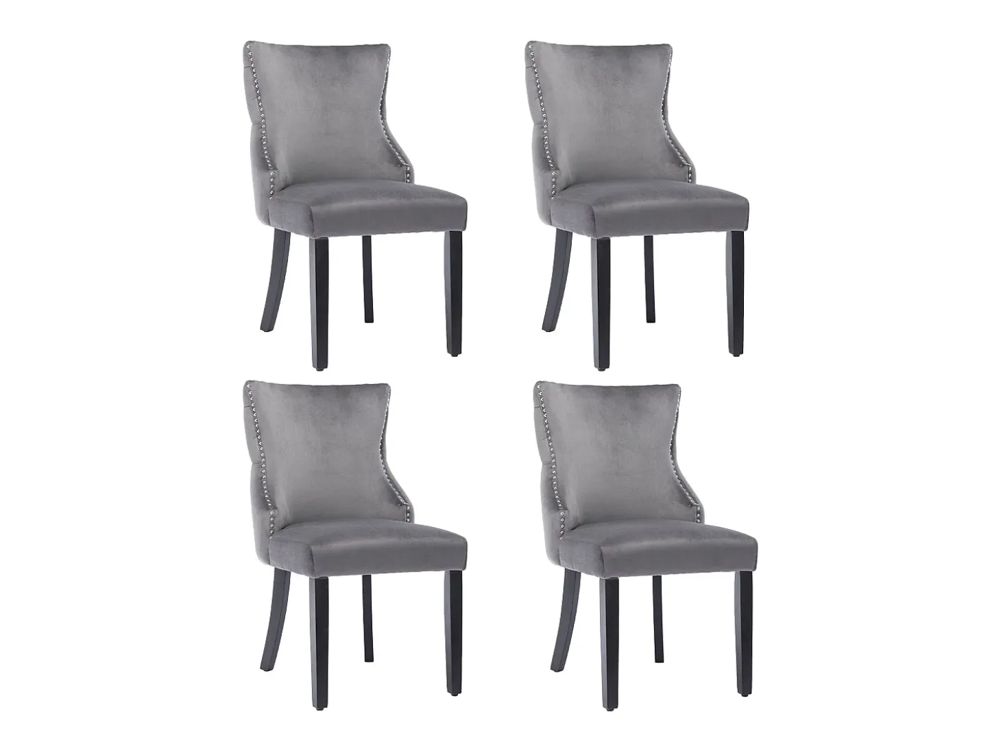 Juego de 4 sillas de terciopelo gris con patas de madera gris, botones decorativos y remaches plateados.