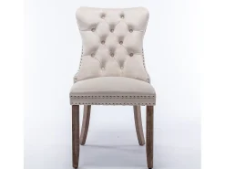 Juego de 2 sillas de terciopelo beige con capitoné y ribete tachonado, patas de madera