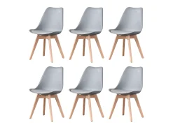 Juego de 6 sillas escandinavas Lorenzo grises con asiento de polipiel y patas de madera maciza de haya, diseño ergonómico y cómodo