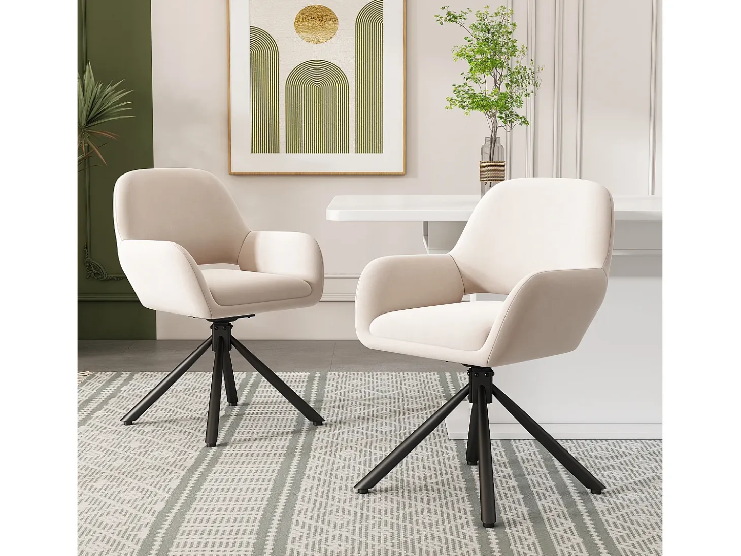 Juego de 4 sillas giratorias de terciopelo con reposabrazos, diseño moderno – beige