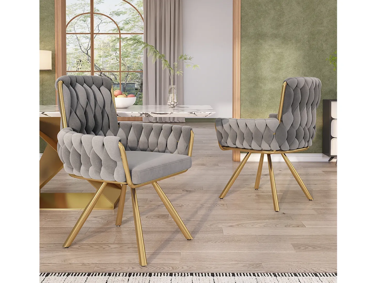Juego de 4 sillas giratorias de terciopelo - 87 x 50 x 55 cm - Sillón con cuatro patas de metal - Gris