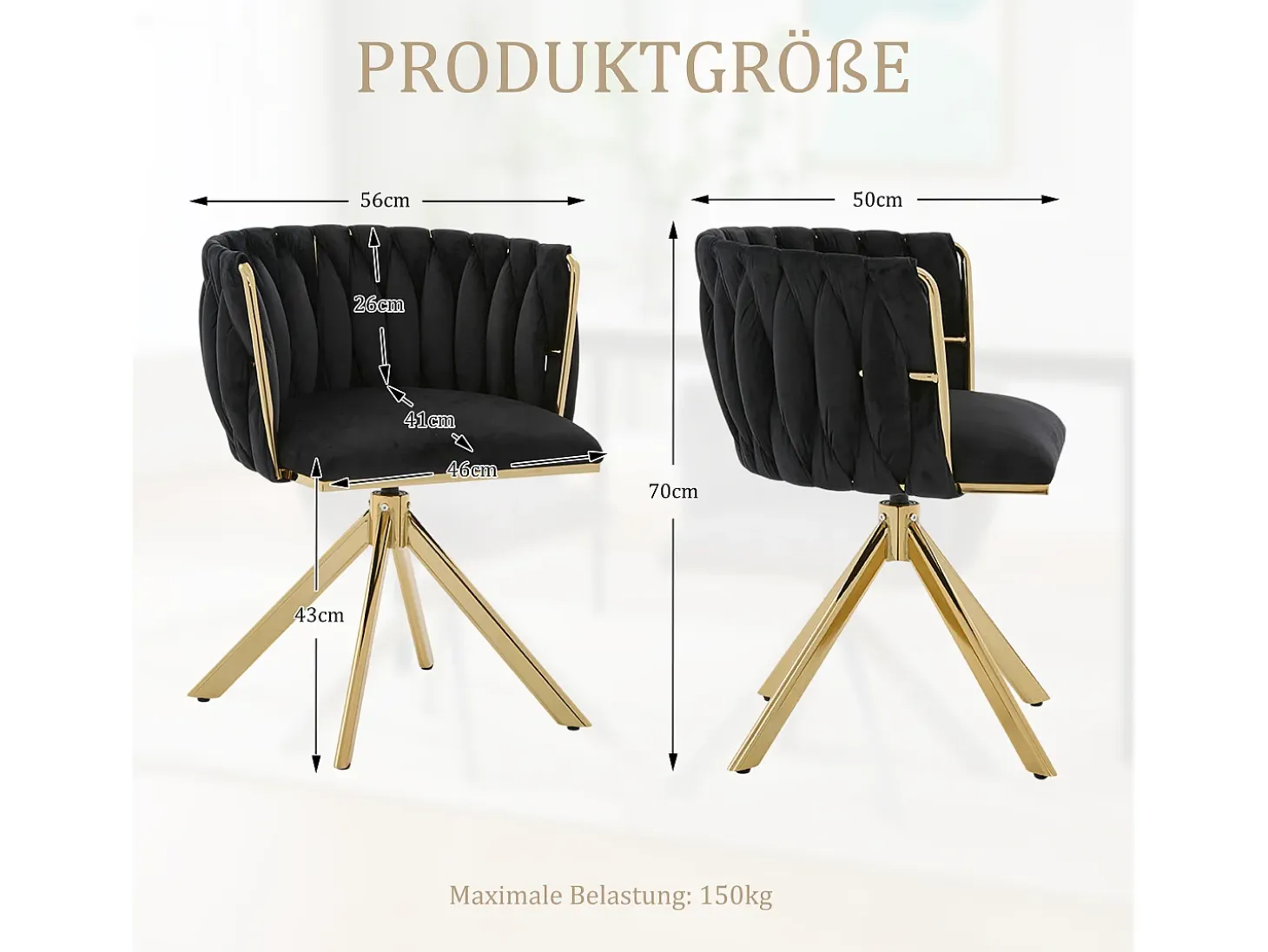 Juego de 2 sillas giratorias negras - Silla con forma de concha con patas de metal dorado - Estilo contemporáneo