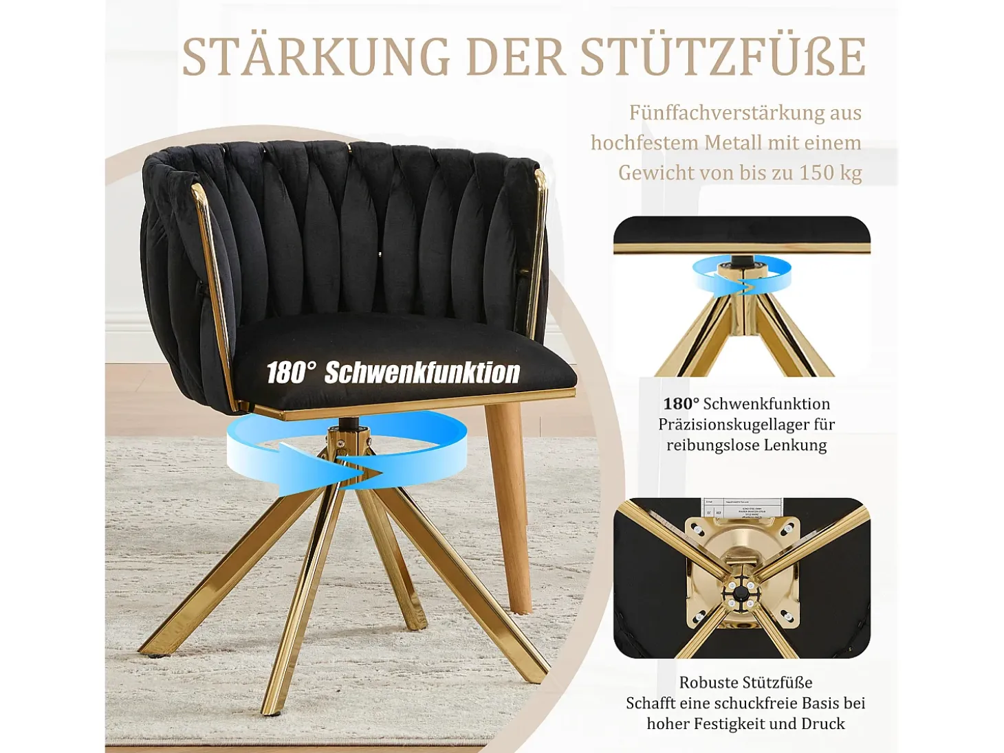 Juego de 2 sillas giratorias negras - Silla con forma de concha con patas de metal dorado - Estilo contemporáneo