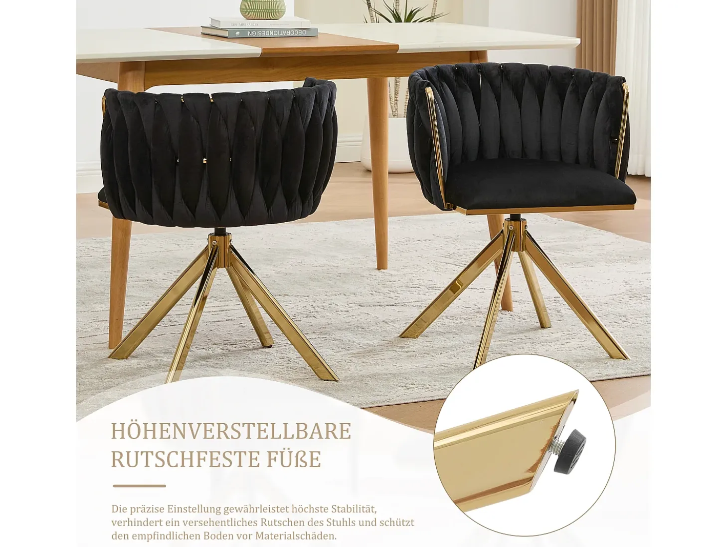 Juego de 2 sillas giratorias negras - Silla con forma de concha con patas de metal dorado - Estilo contemporáneo
