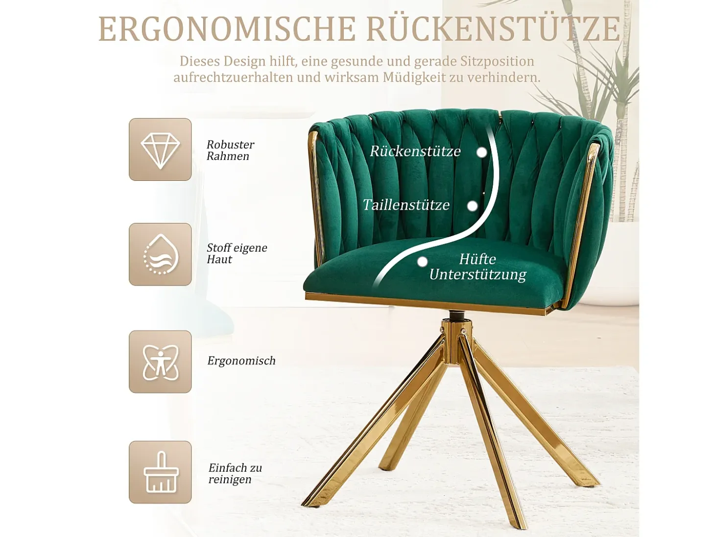 Juego de 2 sillas giratorias verdes - Silla con forma de concha con patas de metal dorado - Estilo contemporáneo
