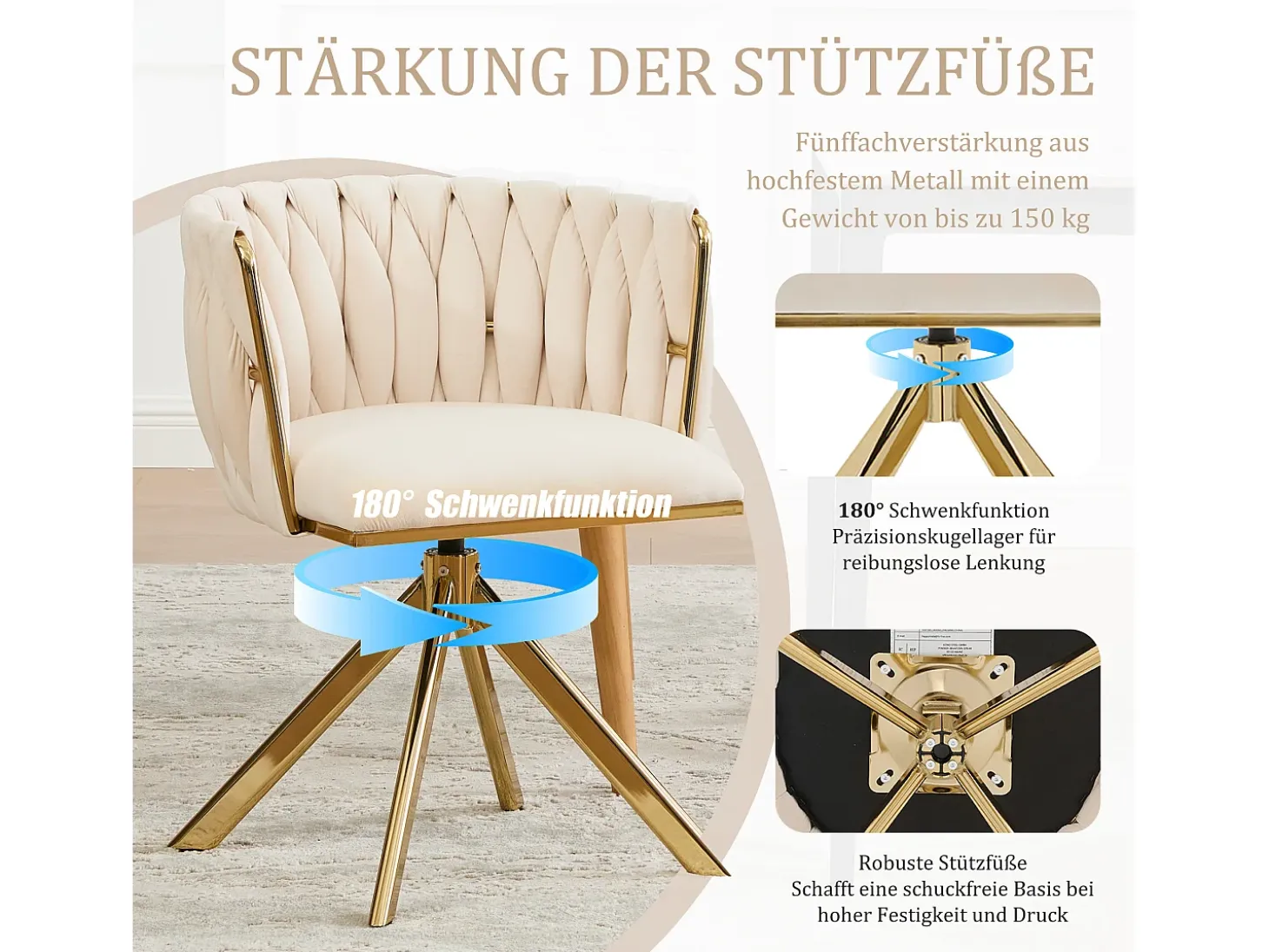 Juego de 2 sillas giratorias beige - silla con respaldo en forma de concha y patas de metal dorado - estilo contemporáneo