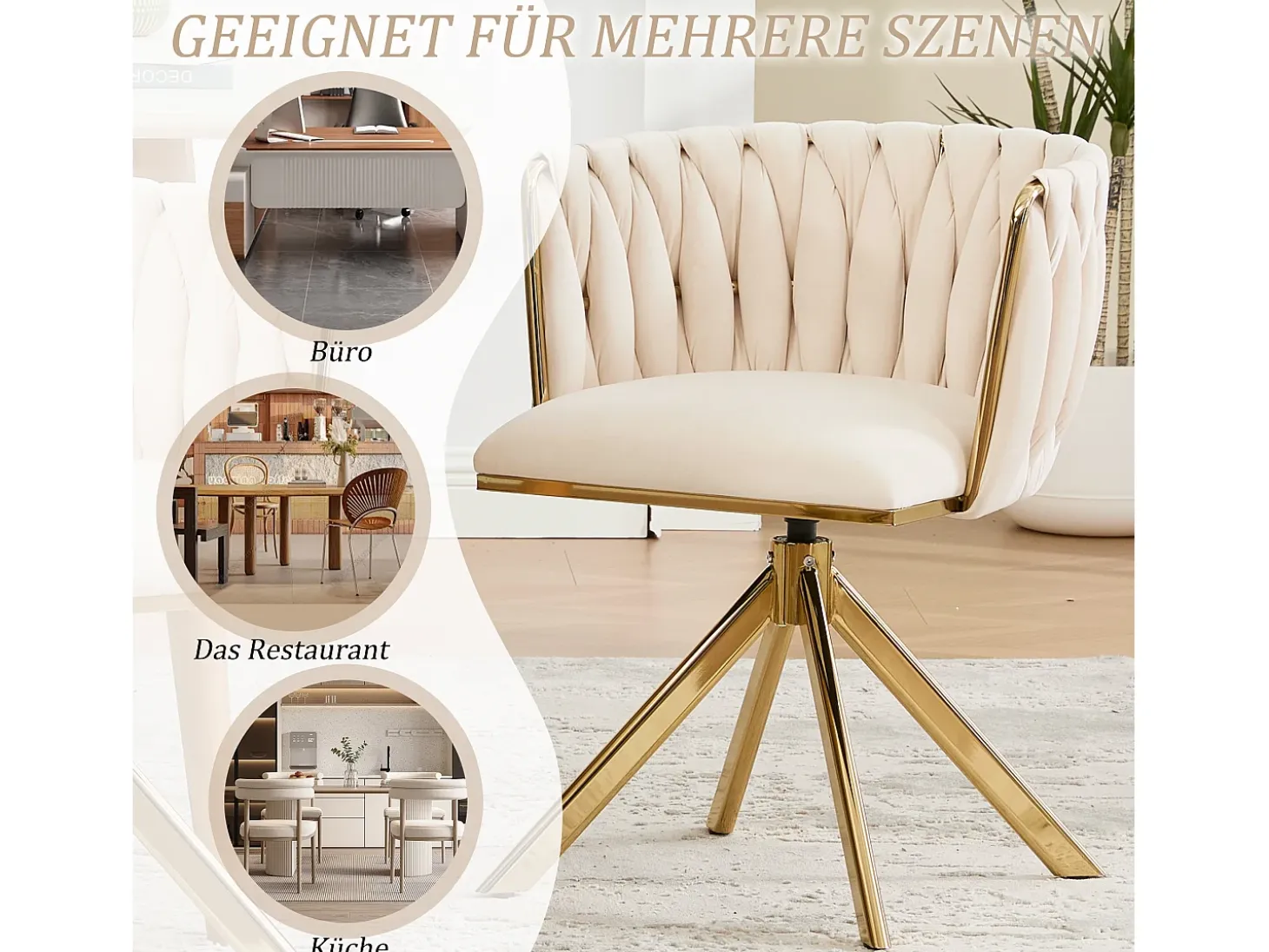 Juego de 2 sillas giratorias beige - silla con respaldo en forma de concha y patas de metal dorado - estilo contemporáneo