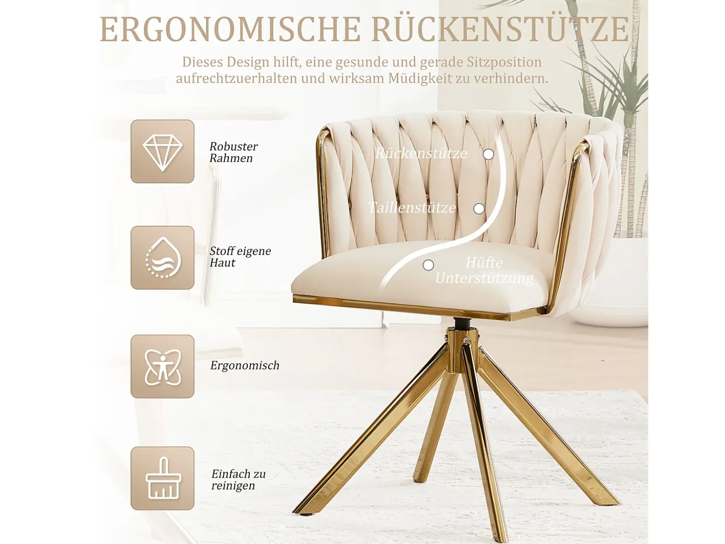 Juego de 2 sillas giratorias beige - silla con respaldo en forma de concha y patas de metal dorado - estilo contemporáneo