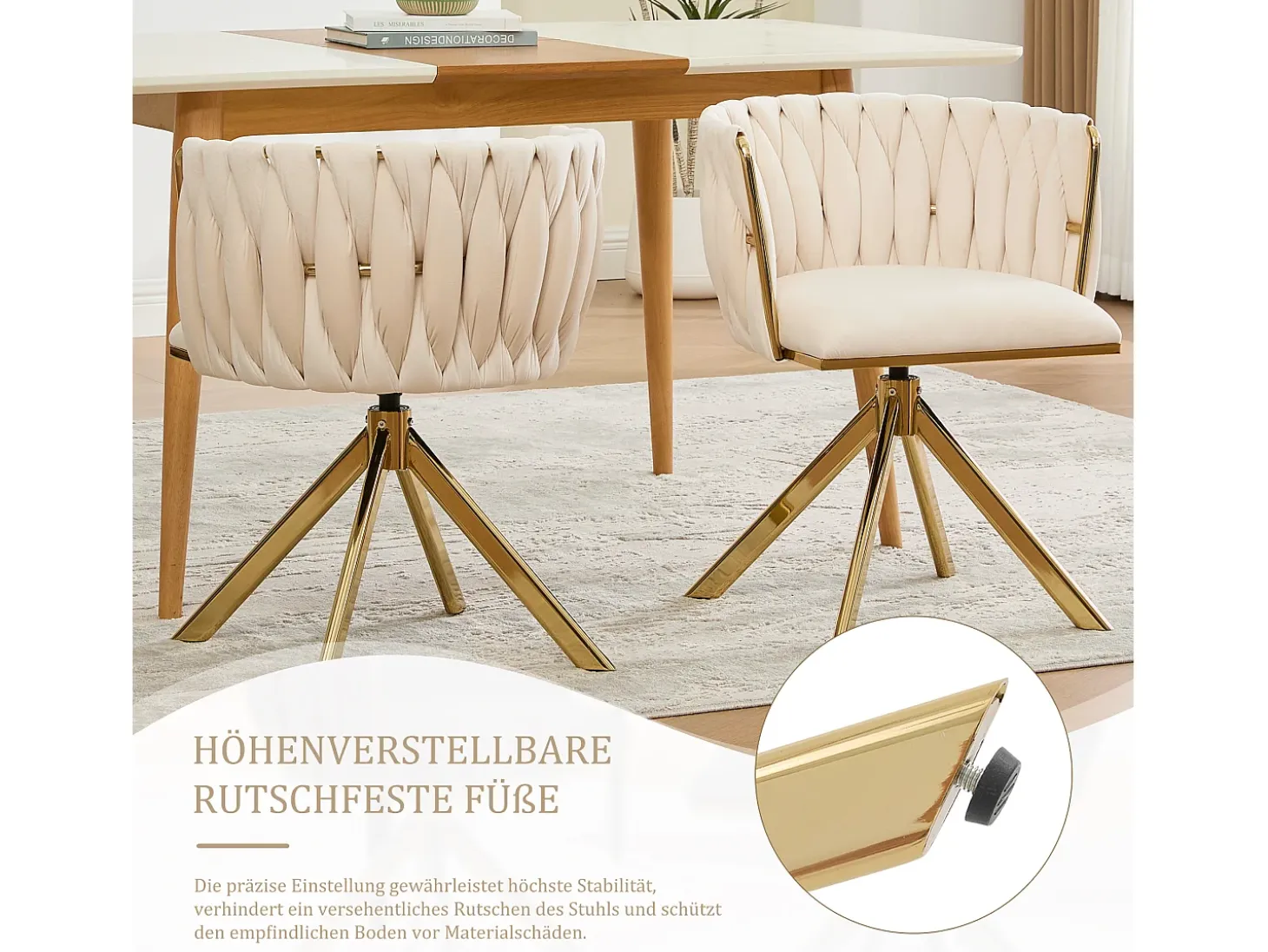 Juego de 2 sillas giratorias beige - silla con respaldo en forma de concha y patas de metal dorado - estilo contemporáneo