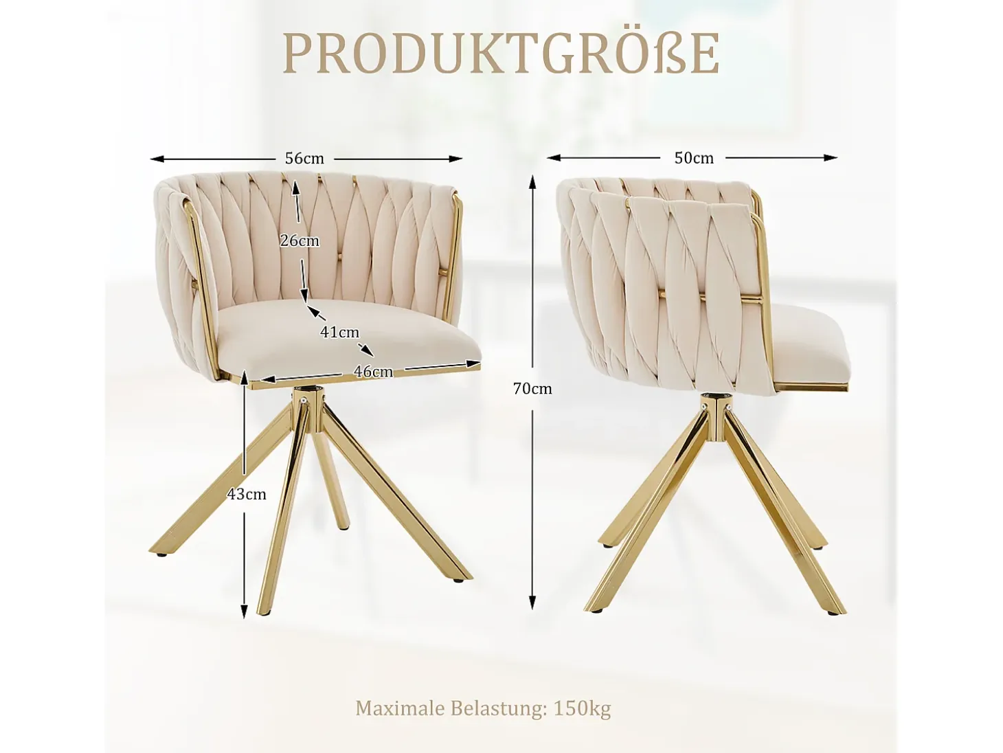 Juego de 2 sillas giratorias beige - silla con respaldo en forma de concha y patas de metal dorado - estilo contemporáneo